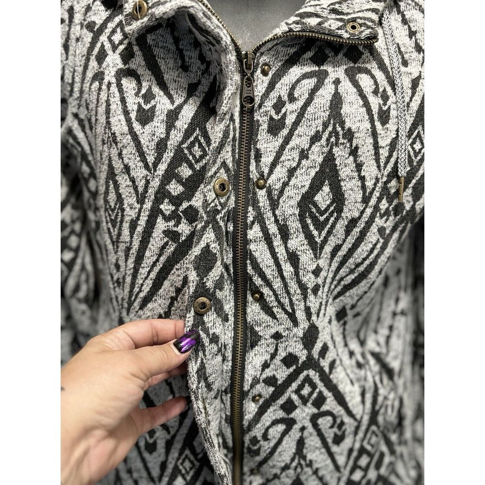 Billabong Light Gray/Black Aztec Zip Up Fabric Hood Jacket Size S Pocket Logo - Picture 3 of 8